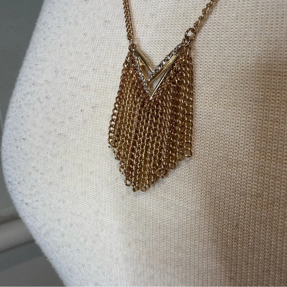 Gold Geometric Chevron Necklace with chain Fringe embezzled CZ stones